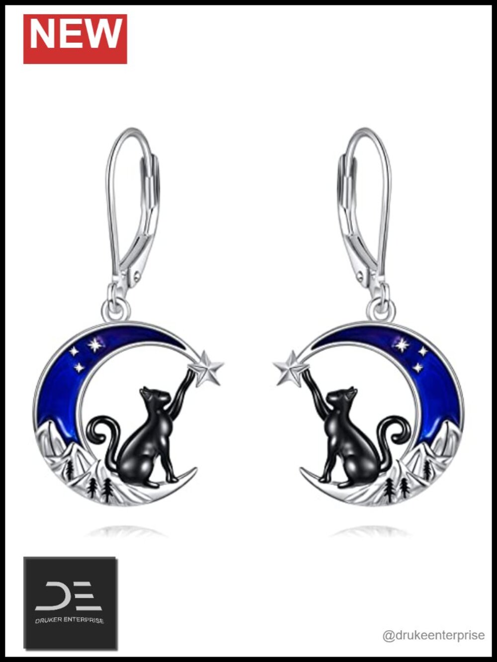 925 Sterling Silver Cat Moon Earrings Women Dangle Hypoallergenic Leverback
